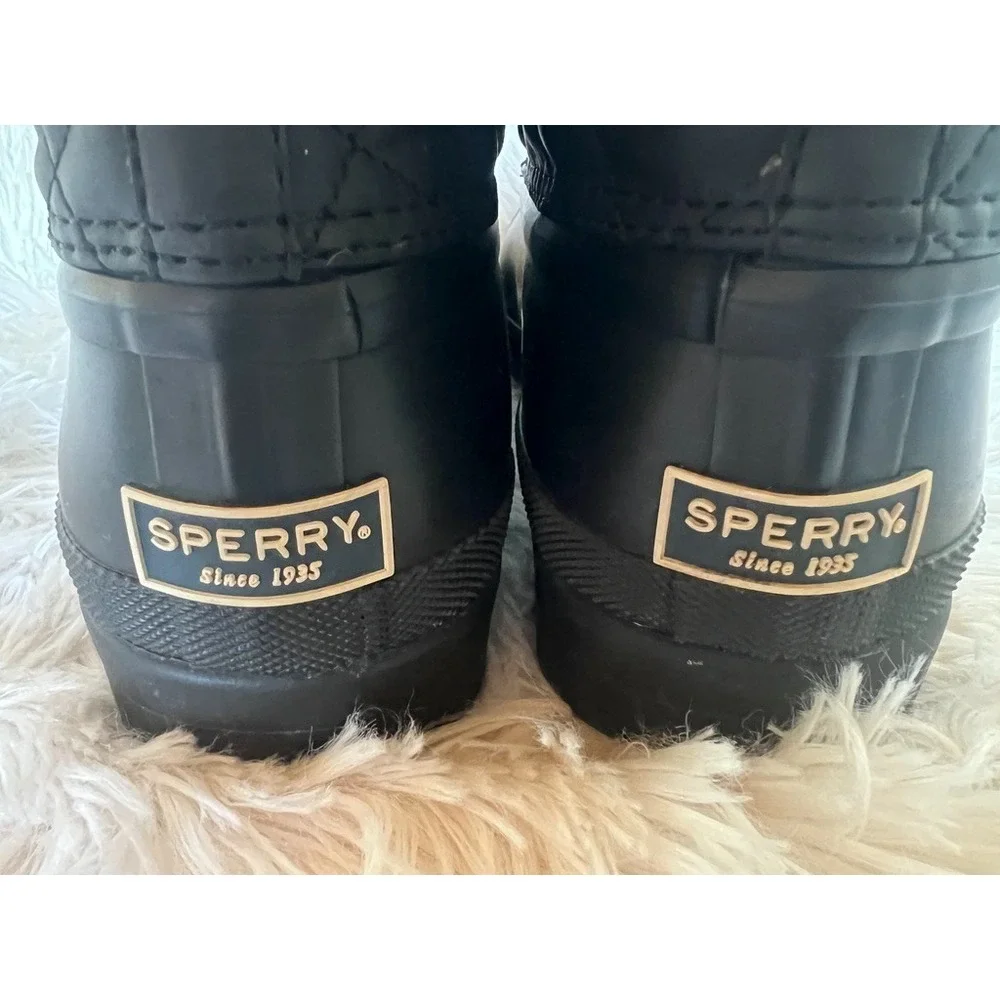 Sperry Saltwater Duck Boots Black‎ Quilted Rain Lace Up Womens Lined Winter Sz 9